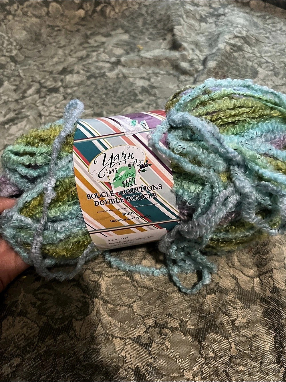 Yarn Bee Boucle Sensations Double Knit Circle Yarn Skein in Blue & Green NWT